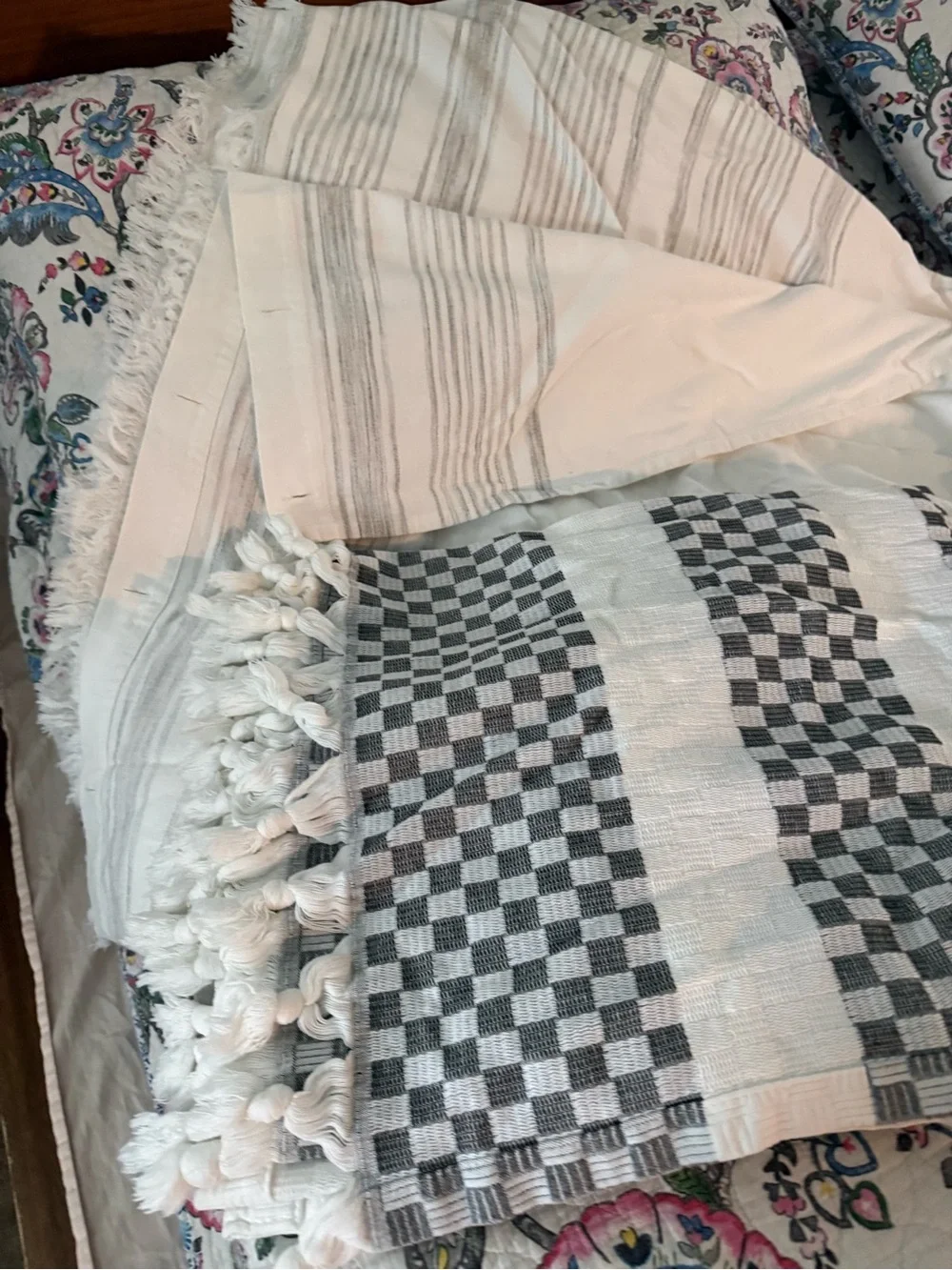 Neutral Checkered and Striped Decorative shower curtains. (2)